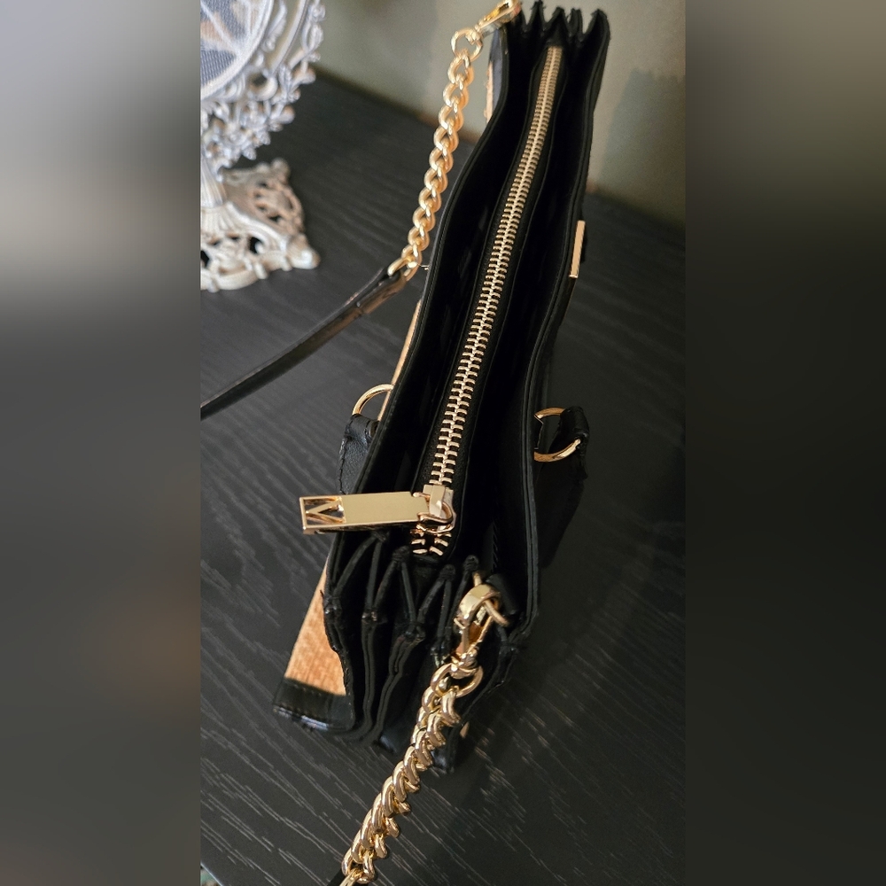 Victoria's Secret Structured Satchel Straw Tote Black Tan Women Crossbody NWOT - Picture 11 of 16
